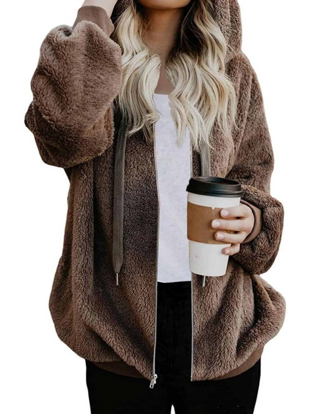 Cozy Oversized Sherpa Fleece Hoodie Jacket with Pockets - Fluffy Zip-Up Coat